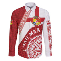 Custom Tonga Rugby Mate Maa Family Matching Off The Shoulder Long Sleeve Dress and Hawaiian Shirt Ngatu Pattern LT01 Dad's Shirt - Long Sleeve Red - Polynesian Pride