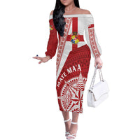 Custom Tonga Rugby Mate Maa Family Matching Off The Shoulder Long Sleeve Dress and Hawaiian Shirt Ngatu Pattern LT01 Mom's Dress Red - Polynesian Pride