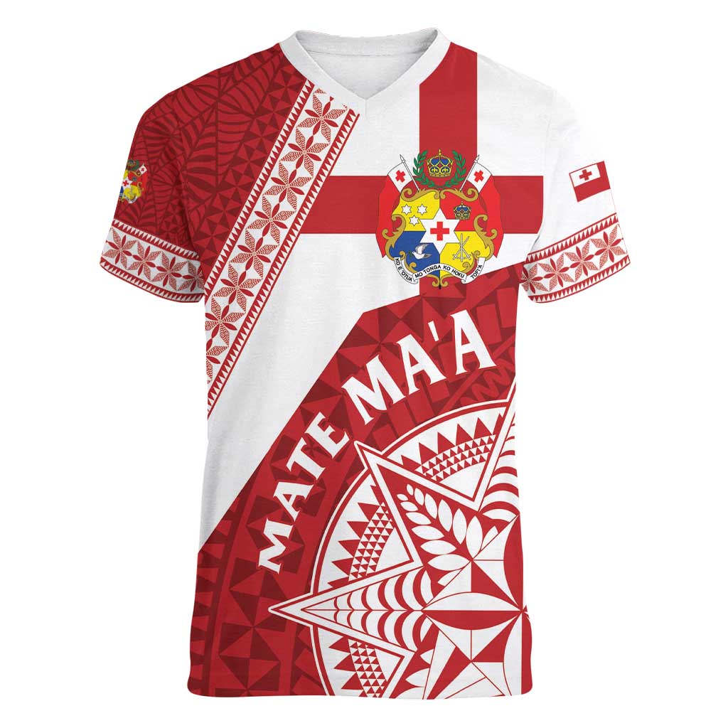 Custom Tonga Rugby Mate Maa Women V-Neck T-Shirt Ngatu Pattern LT01 Female Red - Polynesian Pride