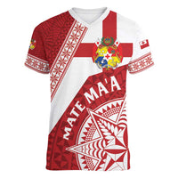 Custom Tonga Rugby Mate Maa Women V-Neck T-Shirt Ngatu Pattern LT01 Female Red - Polynesian Pride