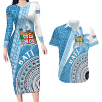 Custom Fiji Rugby Bati Couples Matching Long Sleeve Bodycon Dress and Hawaiian Shirt Tapa Pattern LT01 Blue - Polynesian Pride