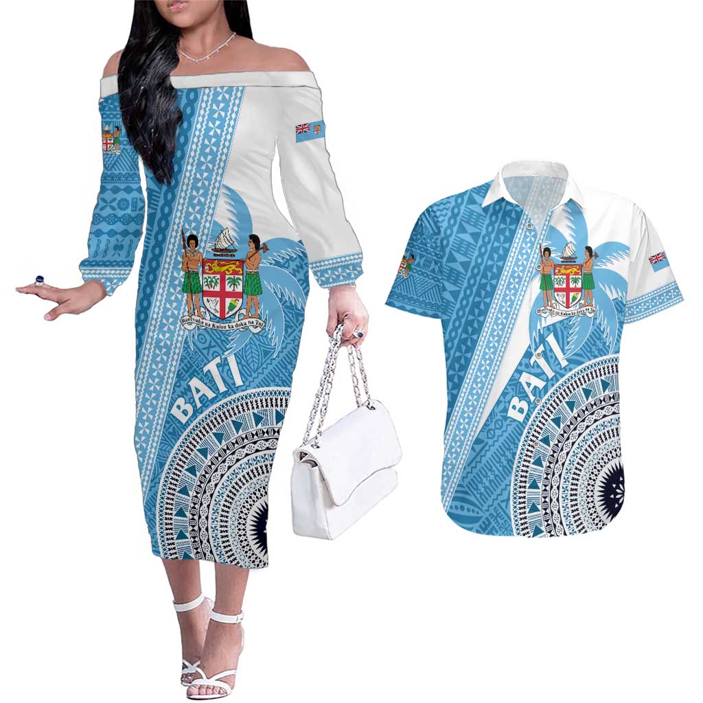 Custom Fiji Rugby Bati Couples Matching Off The Shoulder Long Sleeve Dress and Hawaiian Shirt Tapa Pattern LT01 Blue - Polynesian Pride
