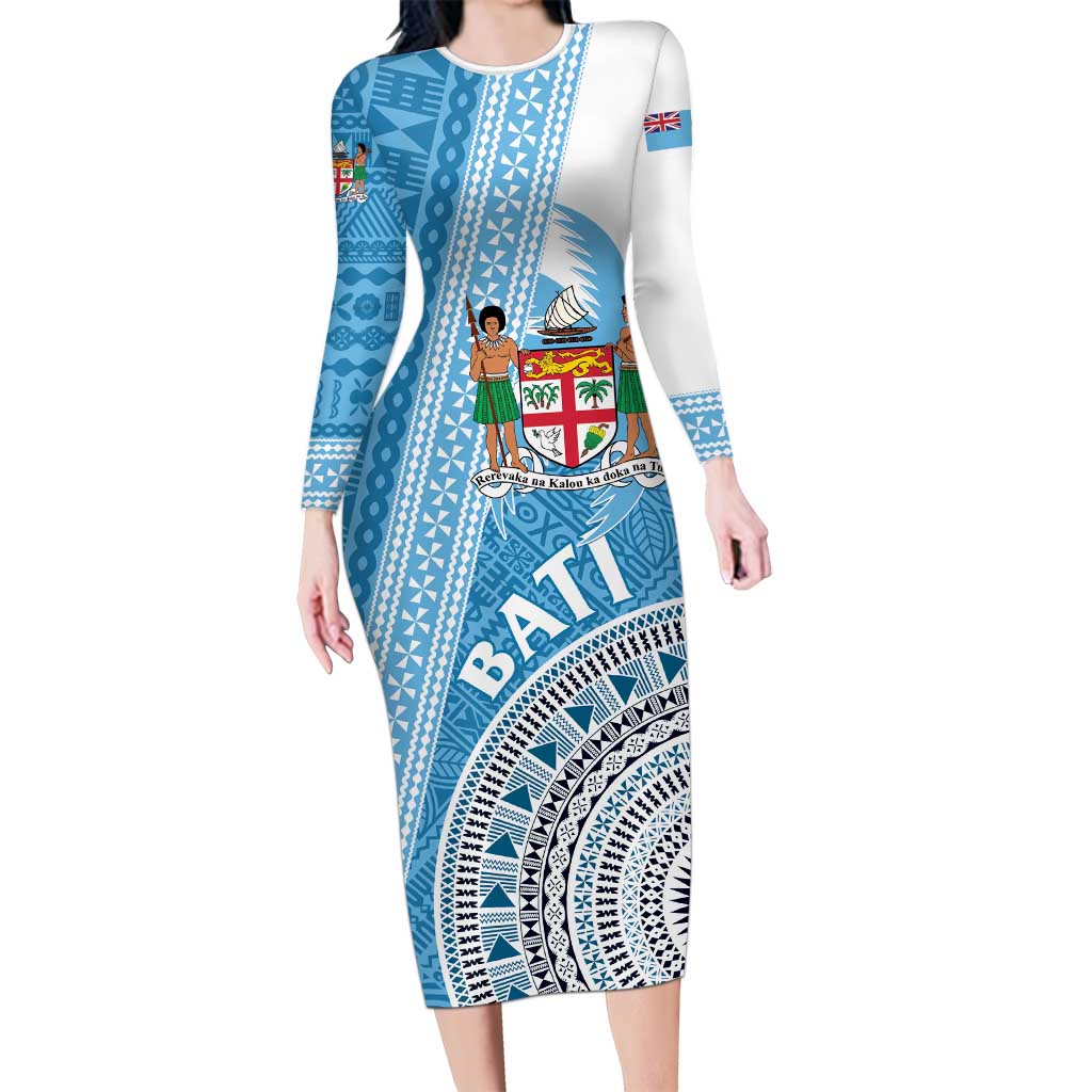 Custom Fiji Rugby Bati Family Matching Long Sleeve Bodycon Dress and Hawaiian Shirt Tapa Pattern LT01 Mom's Dress Blue - Polynesian Pride