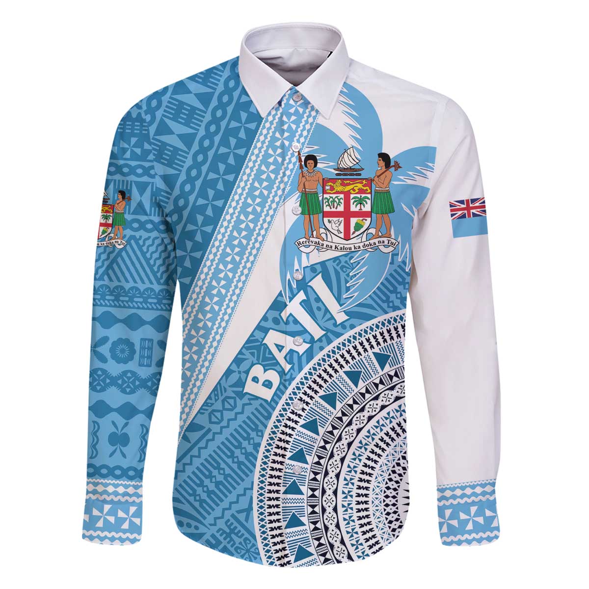Custom Fiji Rugby Bati Family Matching Off The Shoulder Long Sleeve Dress and Hawaiian Shirt Tapa Pattern LT01 Dad's Shirt - Long Sleeve Blue - Polynesian Pride