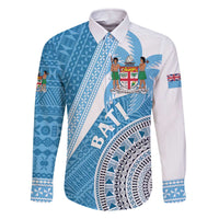 Custom Fiji Rugby Bati Family Matching Off The Shoulder Long Sleeve Dress and Hawaiian Shirt Tapa Pattern LT01 Dad's Shirt - Long Sleeve Blue - Polynesian Pride