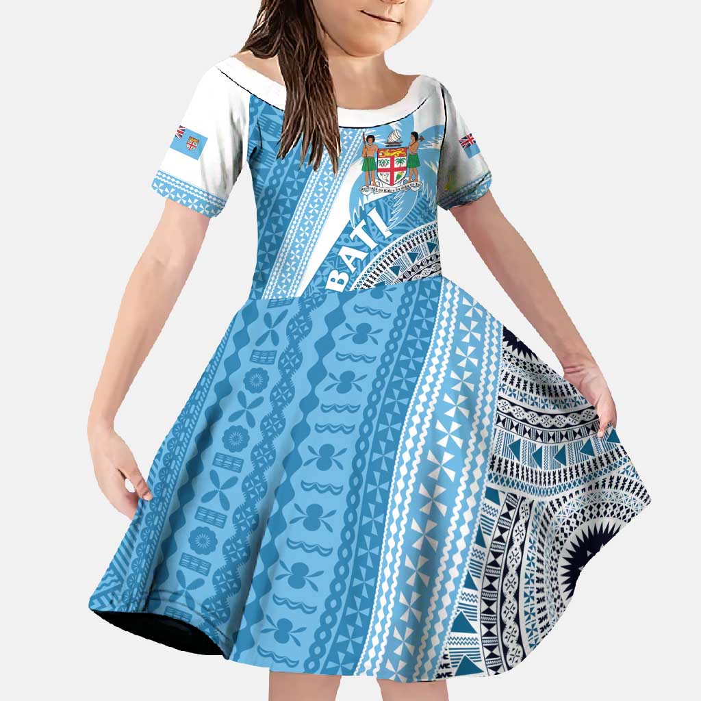 Custom Fiji Rugby Bati Family Matching Off Shoulder Maxi Dress and Hawaiian Shirt Tapa Pattern LT01 Daughter's Dress Blue - Polynesian Pride