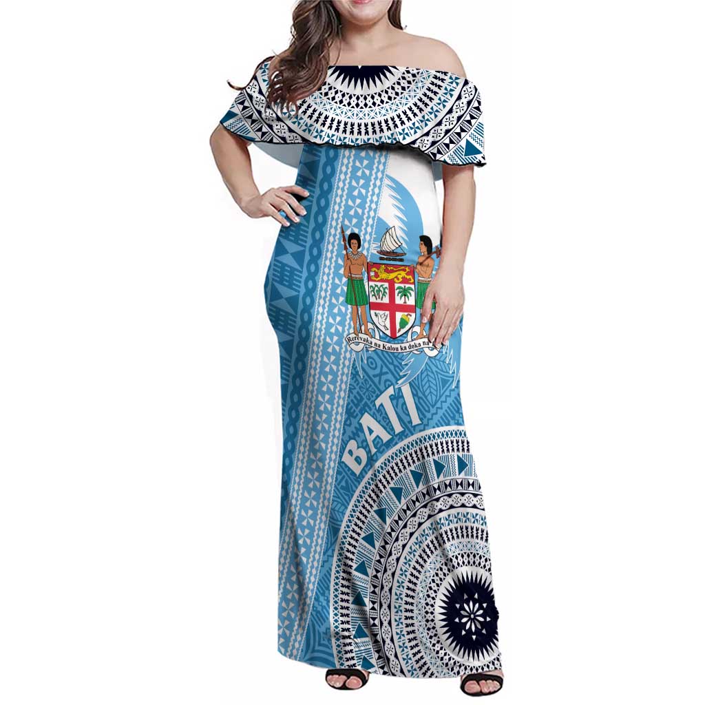 Custom Fiji Rugby Bati Family Matching Off Shoulder Maxi Dress and Hawaiian Shirt Tapa Pattern LT01 Mom's Dress Blue - Polynesian Pride