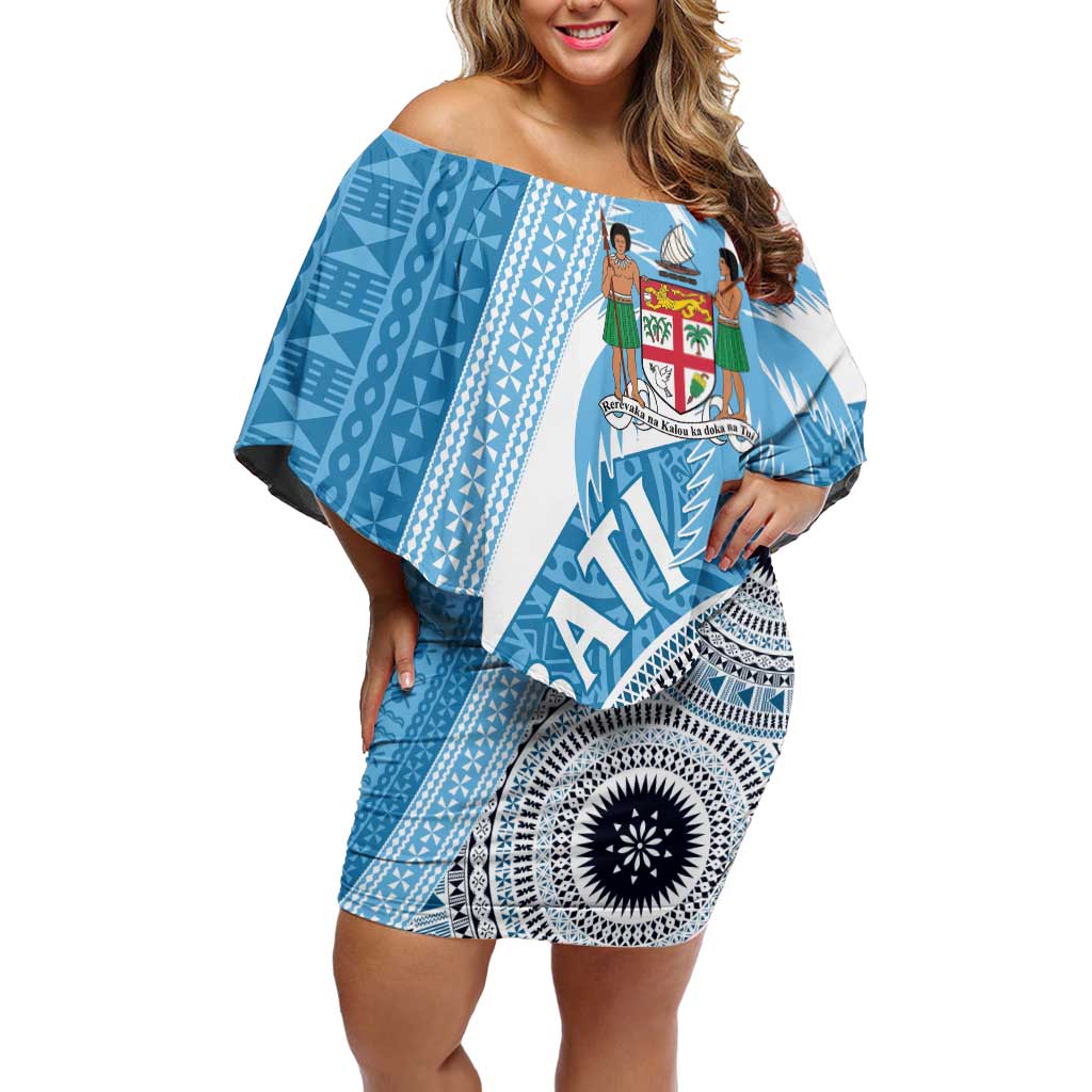 Custom Fiji Rugby Bati Family Matching Off Shoulder Short Dress and Hawaiian Shirt Tapa Pattern LT01 Mom's Dress Blue - Polynesian Pride