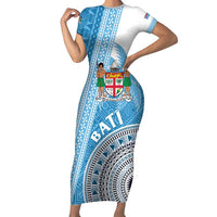 Custom Fiji Rugby Bati Family Matching Short Sleeve Bodycon Dress and Hawaiian Shirt Tapa Pattern LT01 Mom's Dress Blue - Polynesian Pride