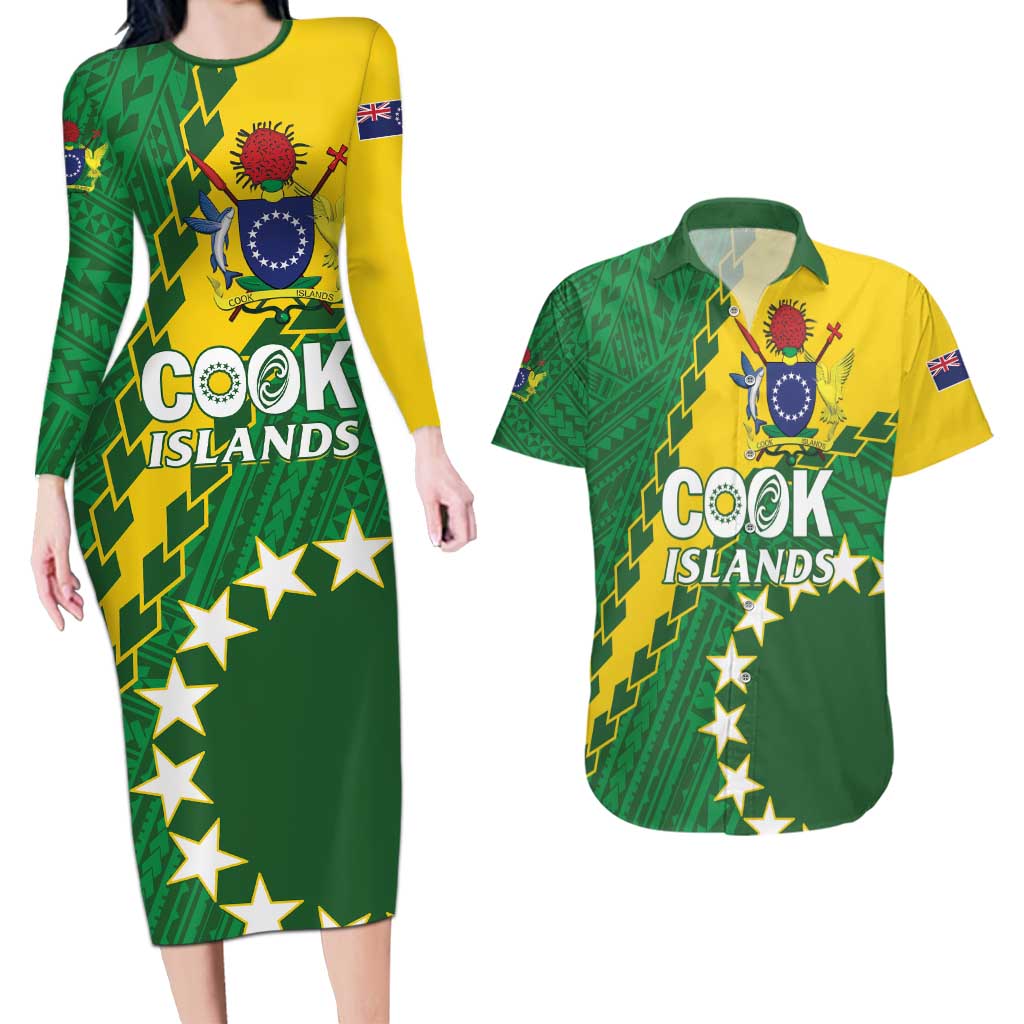 Custom Cook Islands Rugby Kukis Couples Matching Long Sleeve Bodycon Dress and Hawaiian Shirt Circle Stars LT01 Green - Polynesian Pride