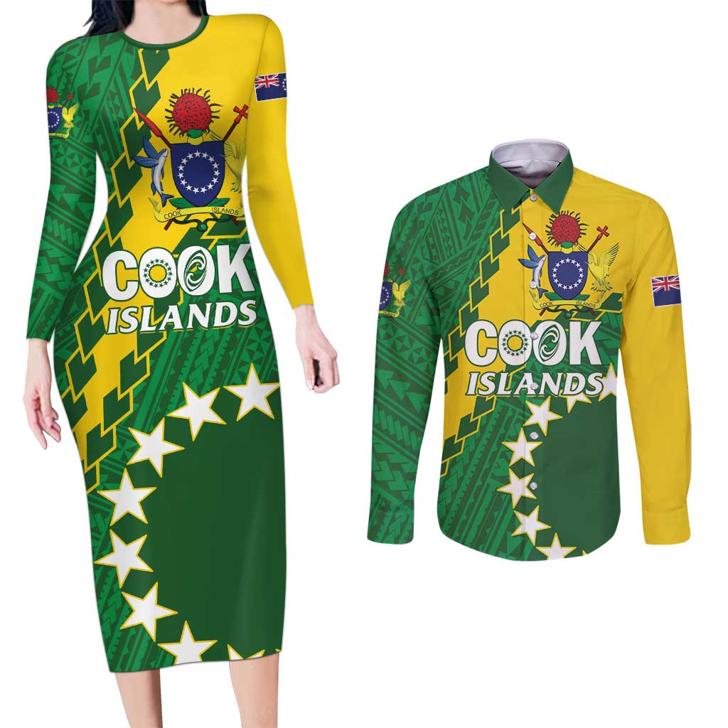 Custom Cook Islands Rugby Kukis Couples Matching Long Sleeve Bodycon Dress and Long Sleeve Button Shirt Circle Stars LT01 Green - Polynesian Pride