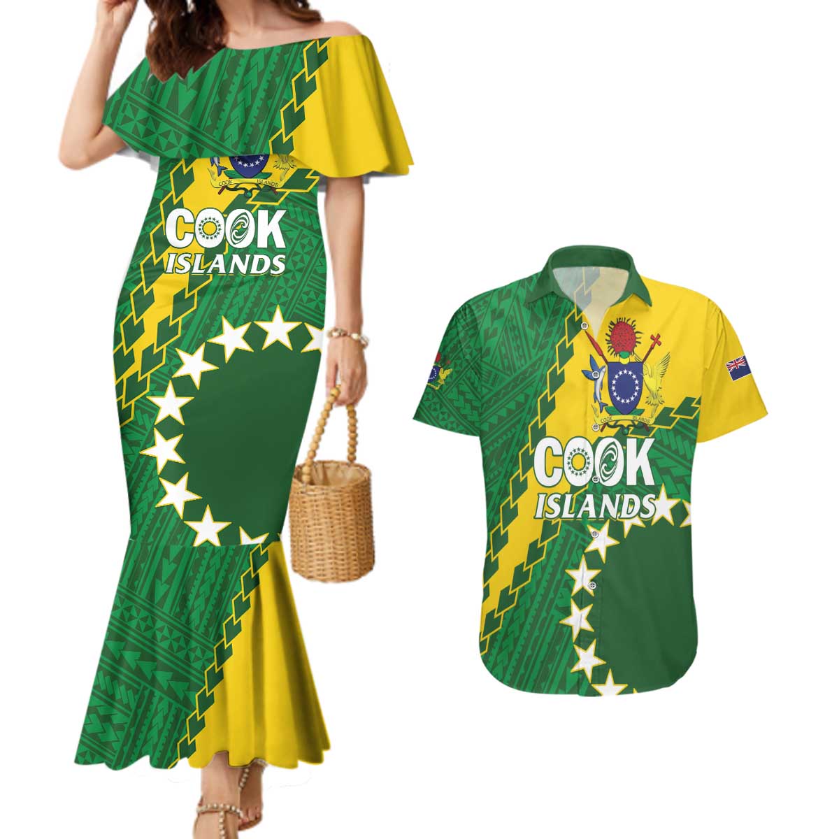 Custom Cook Islands Rugby Kukis Couples Matching Mermaid Dress and Hawaiian Shirt Circle Stars LT01 Green - Polynesian Pride