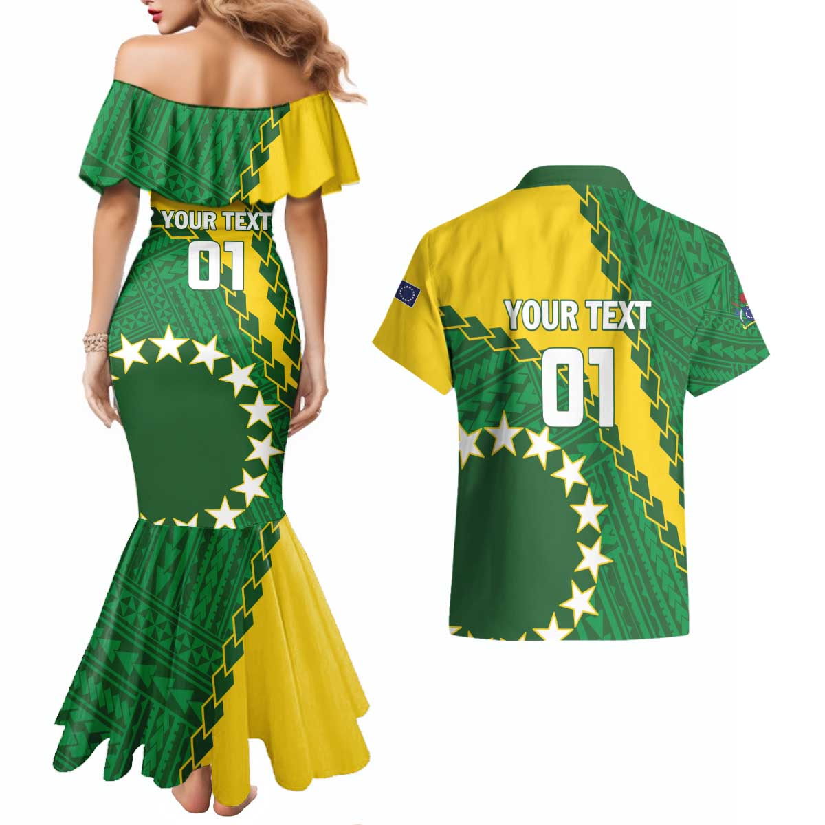 Custom Cook Islands Rugby Kukis Couples Matching Mermaid Dress and Hawaiian Shirt Circle Stars LT01 - Polynesian Pride