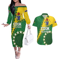 Custom Cook Islands Rugby Kukis Couples Matching Off The Shoulder Long Sleeve Dress and Hawaiian Shirt Circle Stars LT01 Green - Polynesian Pride