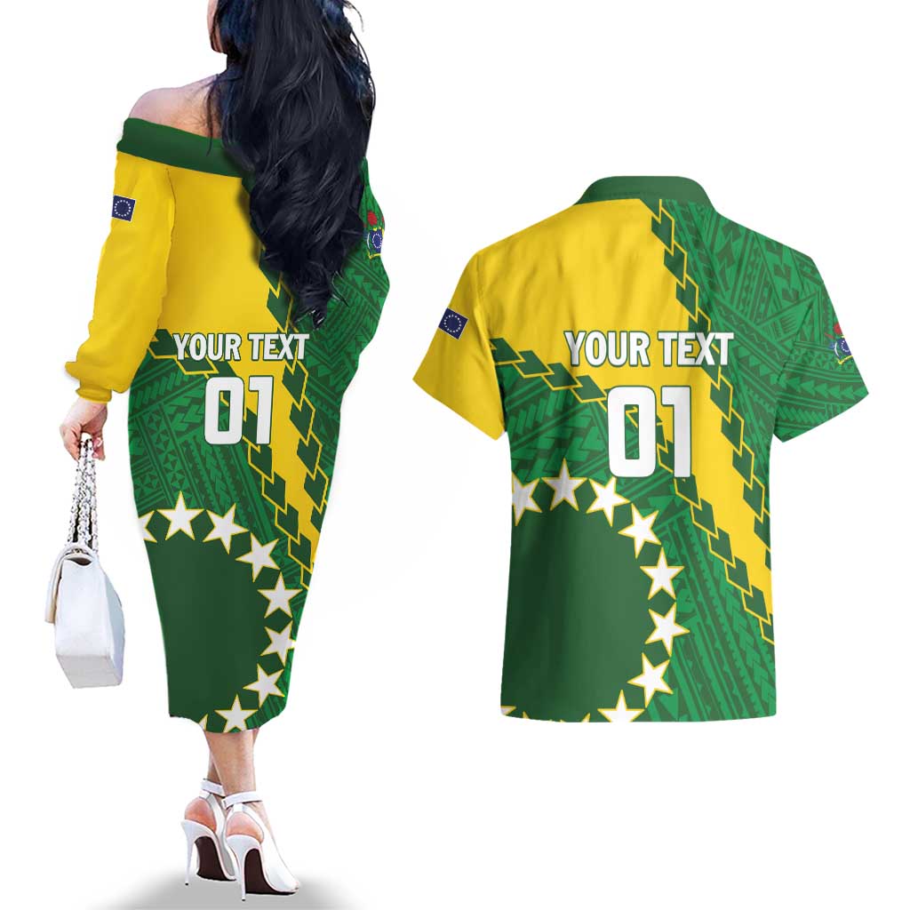 Custom Cook Islands Rugby Kukis Couples Matching Off The Shoulder Long Sleeve Dress and Hawaiian Shirt Circle Stars LT01 - Polynesian Pride