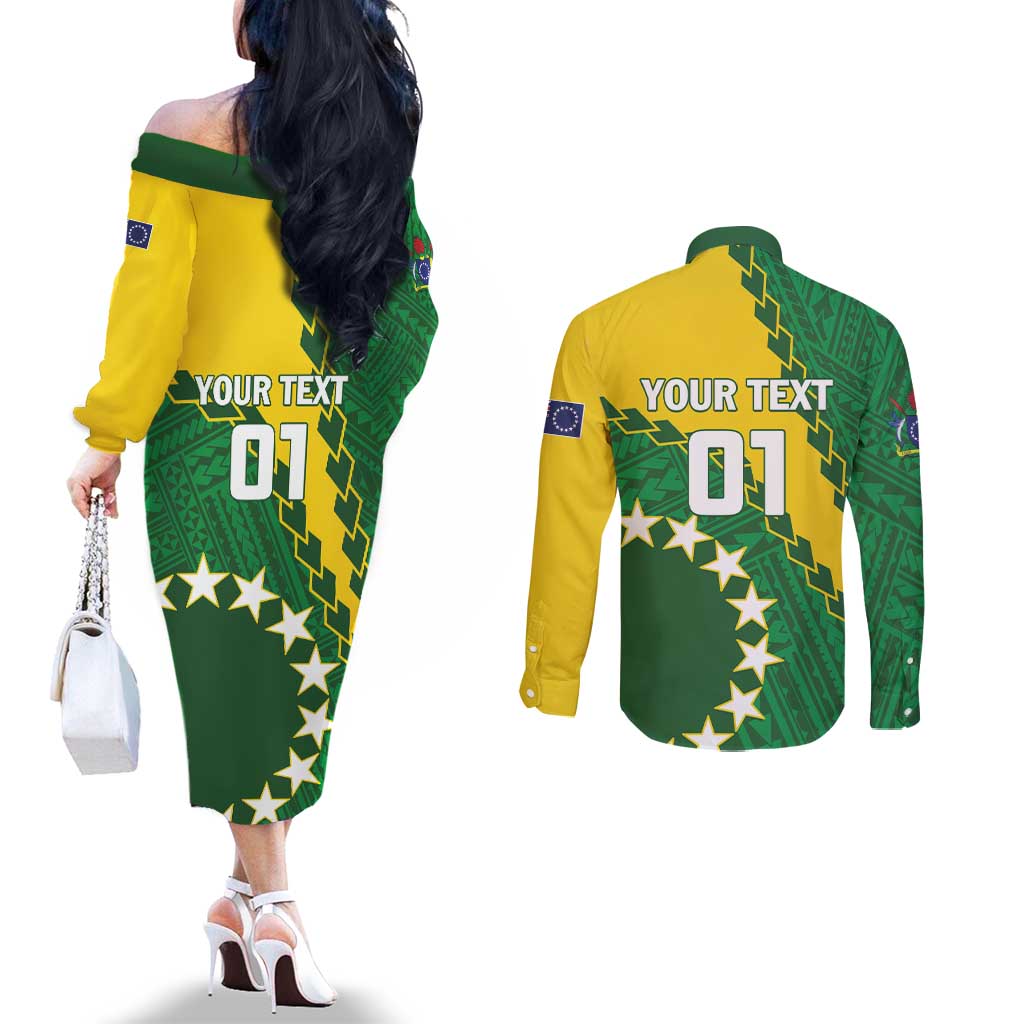 Custom Cook Islands Rugby Kukis Couples Matching Off The Shoulder Long Sleeve Dress and Long Sleeve Button Shirt Circle Stars LT01 - Polynesian Pride
