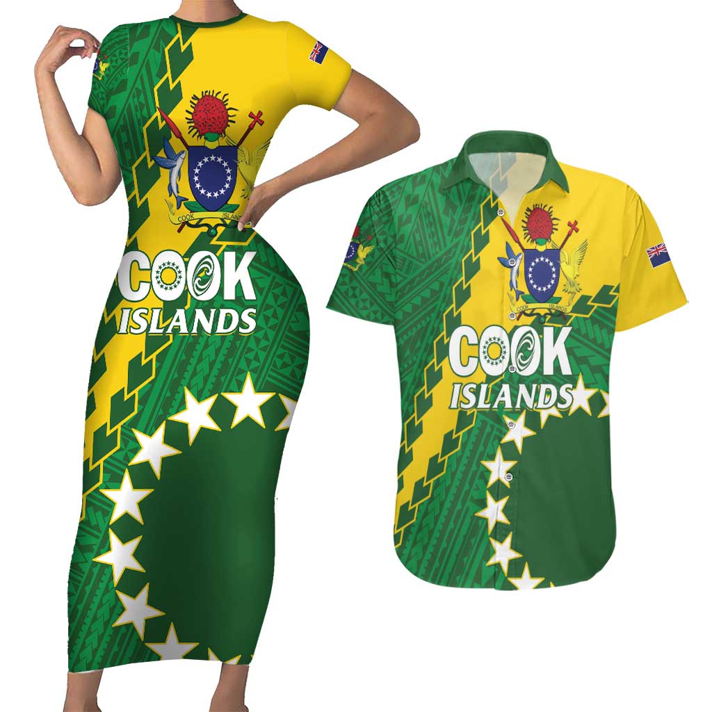 Custom Cook Islands Rugby Kukis Couples Matching Short Sleeve Bodycon Dress and Hawaiian Shirt Circle Stars LT01 Green - Polynesian Pride