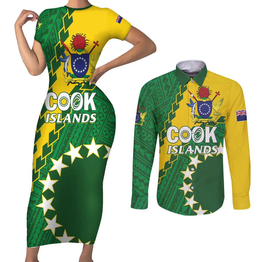 Custom Cook Islands Rugby Kukis Couples Matching Short Sleeve Bodycon Dress and Long Sleeve Button Shirt Circle Stars LT01 Green - Polynesian Pride