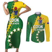Custom Cook Islands Rugby Kukis Couples Matching Short Sleeve Bodycon Dress and Long Sleeve Button Shirt Circle Stars LT01 Green - Polynesian Pride