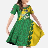 Custom Cook Islands Rugby Kukis Family Matching Long Sleeve Bodycon Dress and Hawaiian Shirt Circle Stars LT01 Daughter's Dress Green - Polynesian Pride