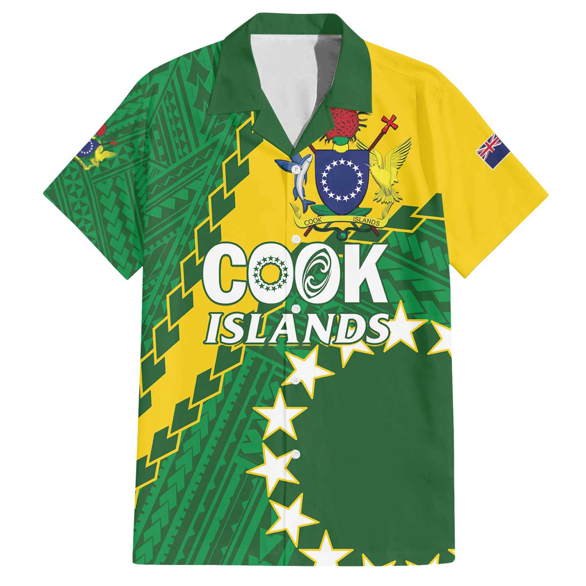 Custom Cook Islands Rugby Kukis Family Matching Off The Shoulder Long Sleeve Dress and Hawaiian Shirt Circle Stars LT01 Dad's Shirt - Short Sleeve Green - Polynesian Pride