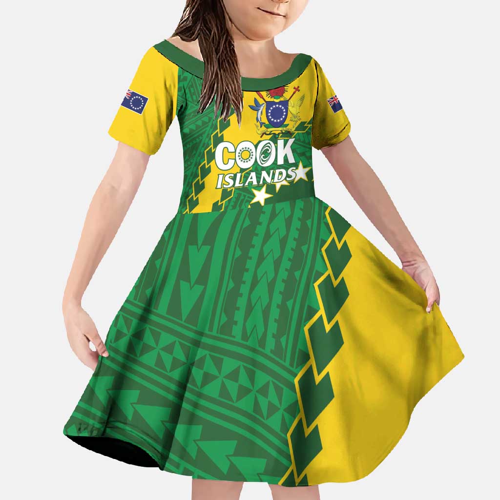 Custom Cook Islands Rugby Kukis Family Matching Off Shoulder Maxi Dress and Hawaiian Shirt Circle Stars LT01 Daughter's Dress Green - Polynesian Pride