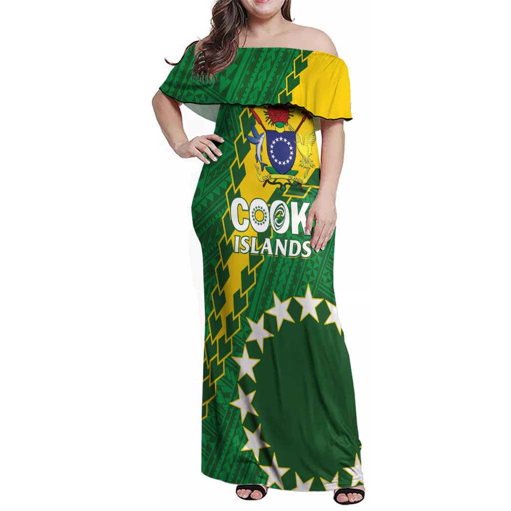 Custom Cook Islands Rugby Kukis Family Matching Off Shoulder Maxi Dress and Hawaiian Shirt Circle Stars LT01 Mom's Dress Green - Polynesian Pride