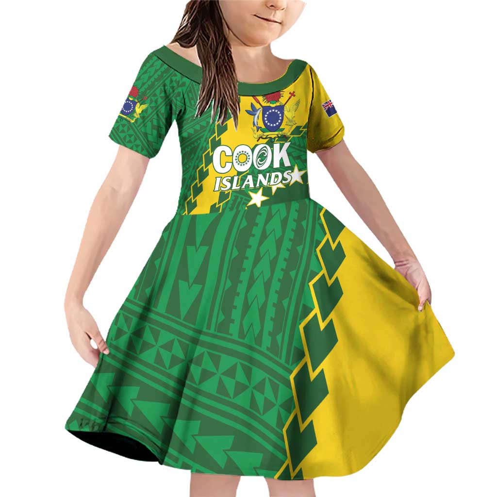 Custom Cook Islands Rugby Kukis Family Matching Off Shoulder Short Dress and Hawaiian Shirt Circle Stars LT01 Daughter's Dress Green - Polynesian Pride