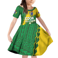Custom Cook Islands Rugby Kukis Family Matching Off Shoulder Short Dress and Hawaiian Shirt Circle Stars LT01 Daughter's Dress Green - Polynesian Pride