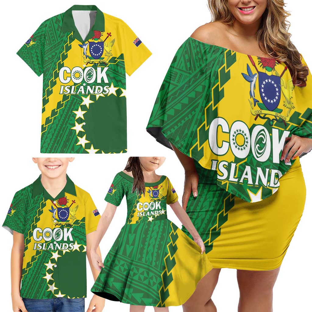 Custom Cook Islands Rugby Kukis Family Matching Off Shoulder Short Dress and Hawaiian Shirt Circle Stars LT01 - Polynesian Pride