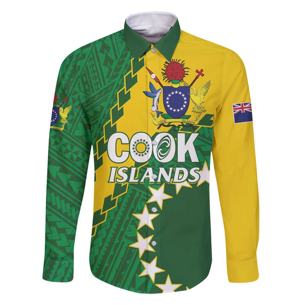Custom Cook Islands Rugby Kukis Family Matching Off Shoulder Short Dress and Hawaiian Shirt Circle Stars LT01 Dad's Shirt - Long Sleeve Green - Polynesian Pride