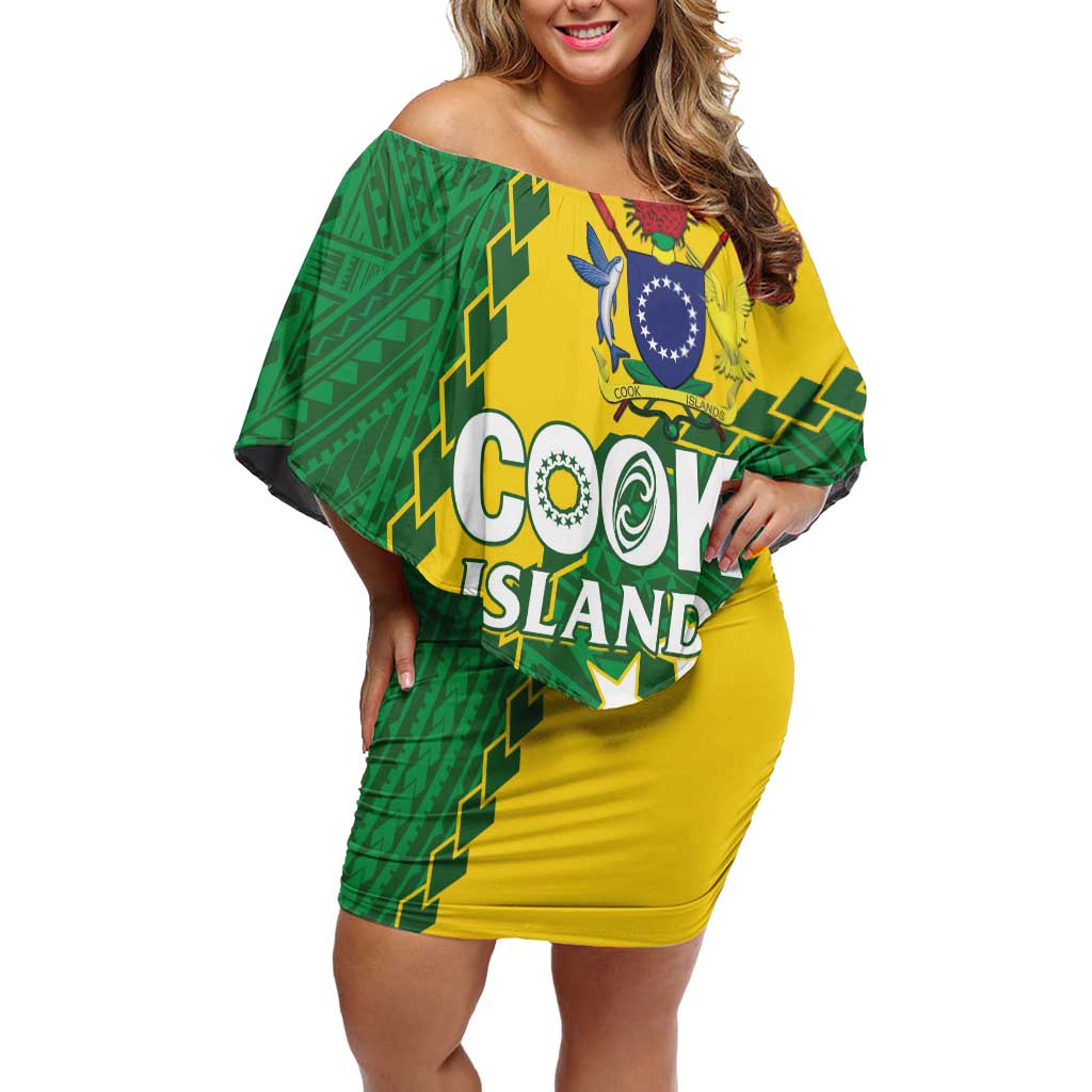 Custom Cook Islands Rugby Kukis Family Matching Off Shoulder Short Dress and Hawaiian Shirt Circle Stars LT01 Mom's Dress Green - Polynesian Pride