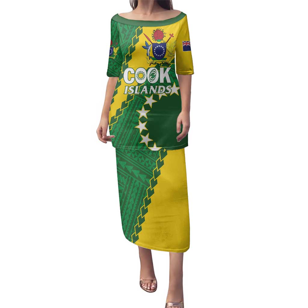 Custom Cook Islands Rugby Kukis Family Matching Puletasi and Hawaiian Shirt Circle Stars LT01 Mom's Dress Green - Polynesian Pride