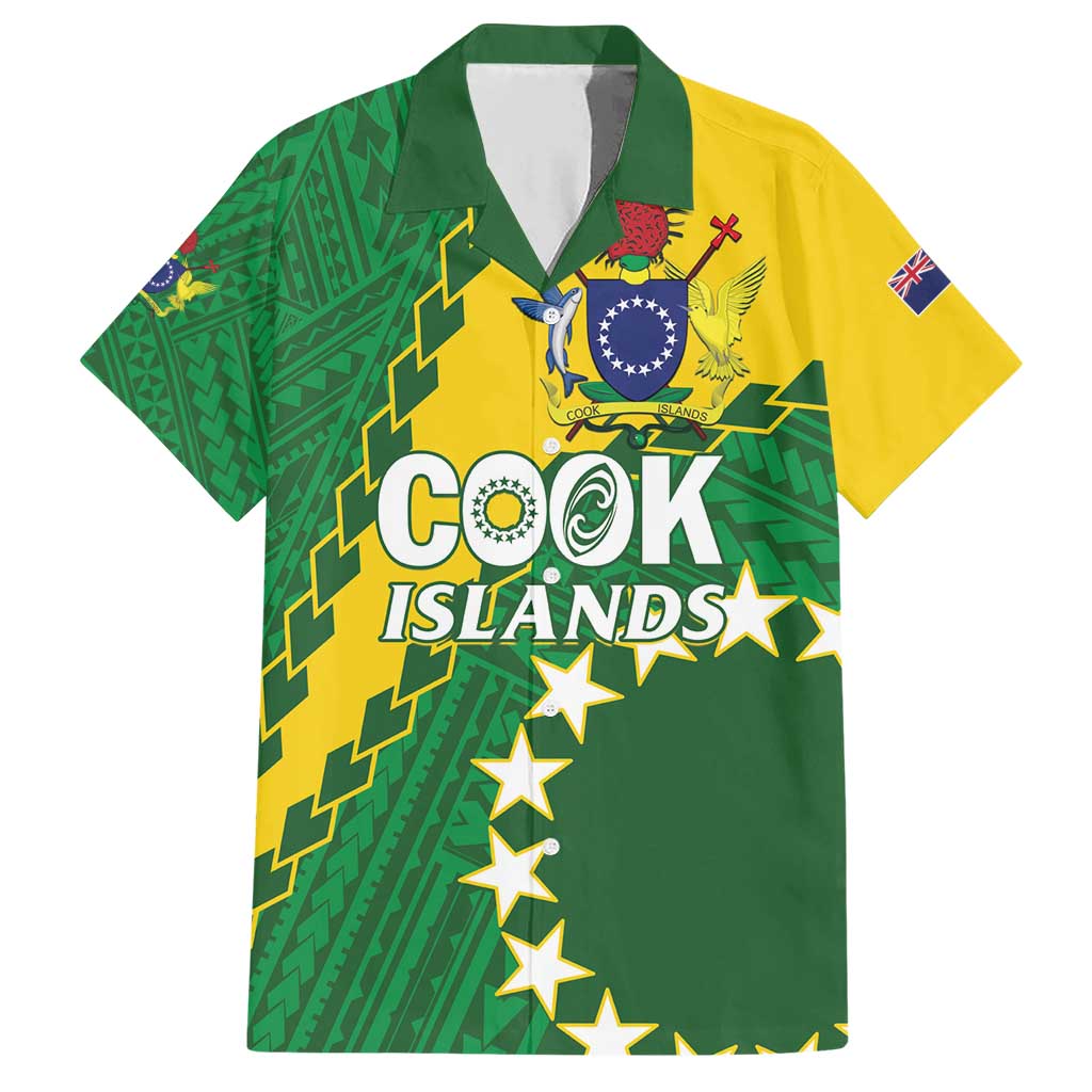 Custom Cook Islands Rugby Kukis Family Matching Short Sleeve Bodycon Dress and Hawaiian Shirt Circle Stars LT01 Dad's Shirt - Short Sleeve Green - Polynesian Pride