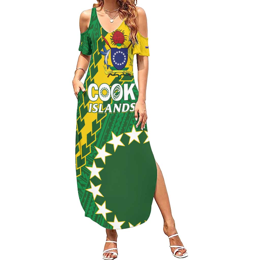 Custom Cook Islands Rugby Kukis Family Matching Summer Maxi Dress and Hawaiian Shirt Circle Stars LT01 Mom's Dress Green - Polynesian Pride