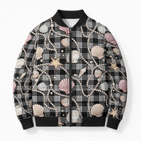 Hawaiian Ocean Seashells Bomber Puffer Jacket Black Palaka Pattern