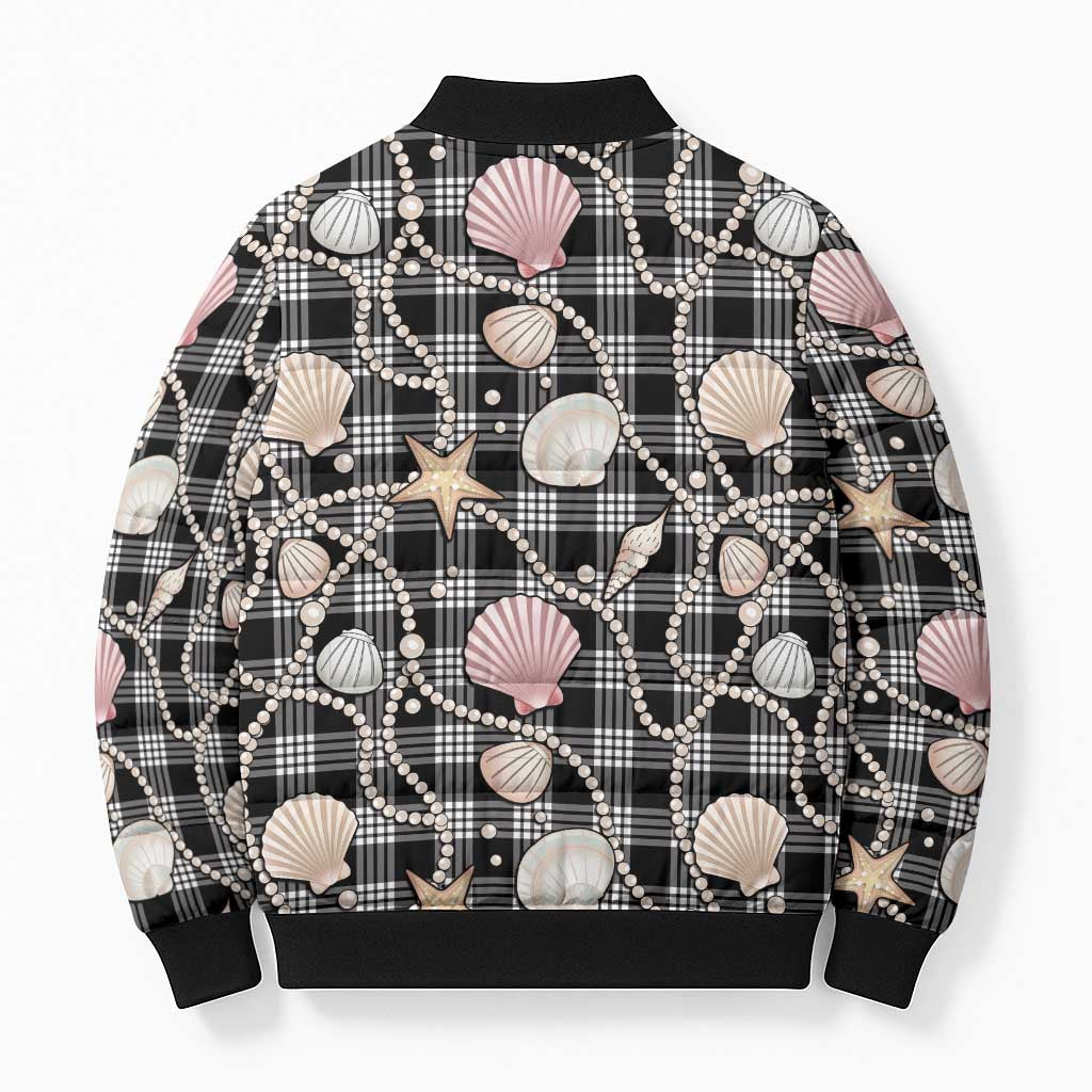 Hawaiian Ocean Seashells Bomber Puffer Jacket Black Palaka Pattern