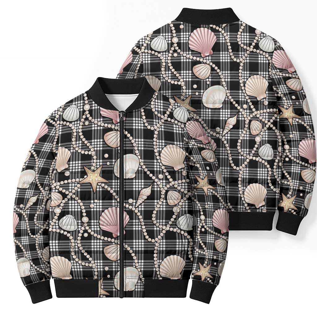 Hawaiian Ocean Seashells Bomber Puffer Jacket Black Palaka Pattern