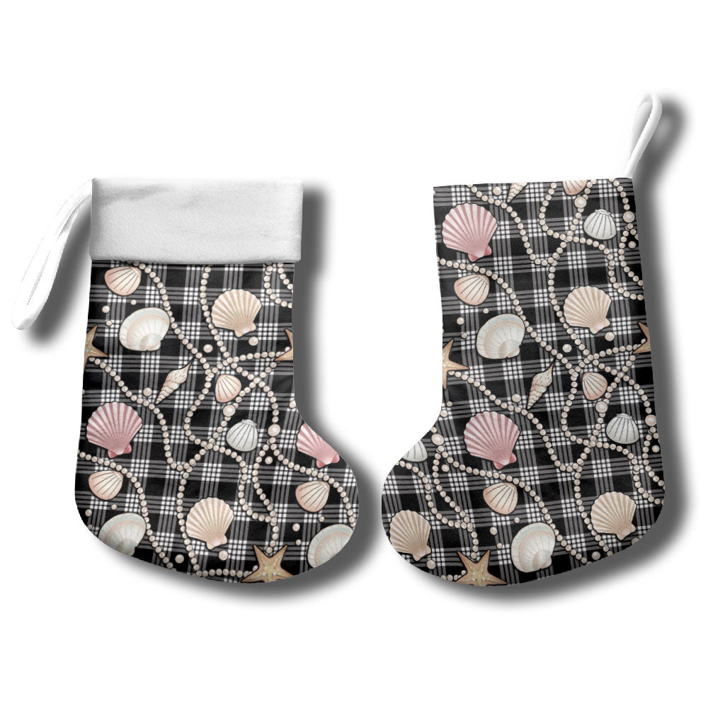 Hawaiian Ocean Seashells Christmas Stocking Black Palaka Pattern LT01 - Polynesian Pride