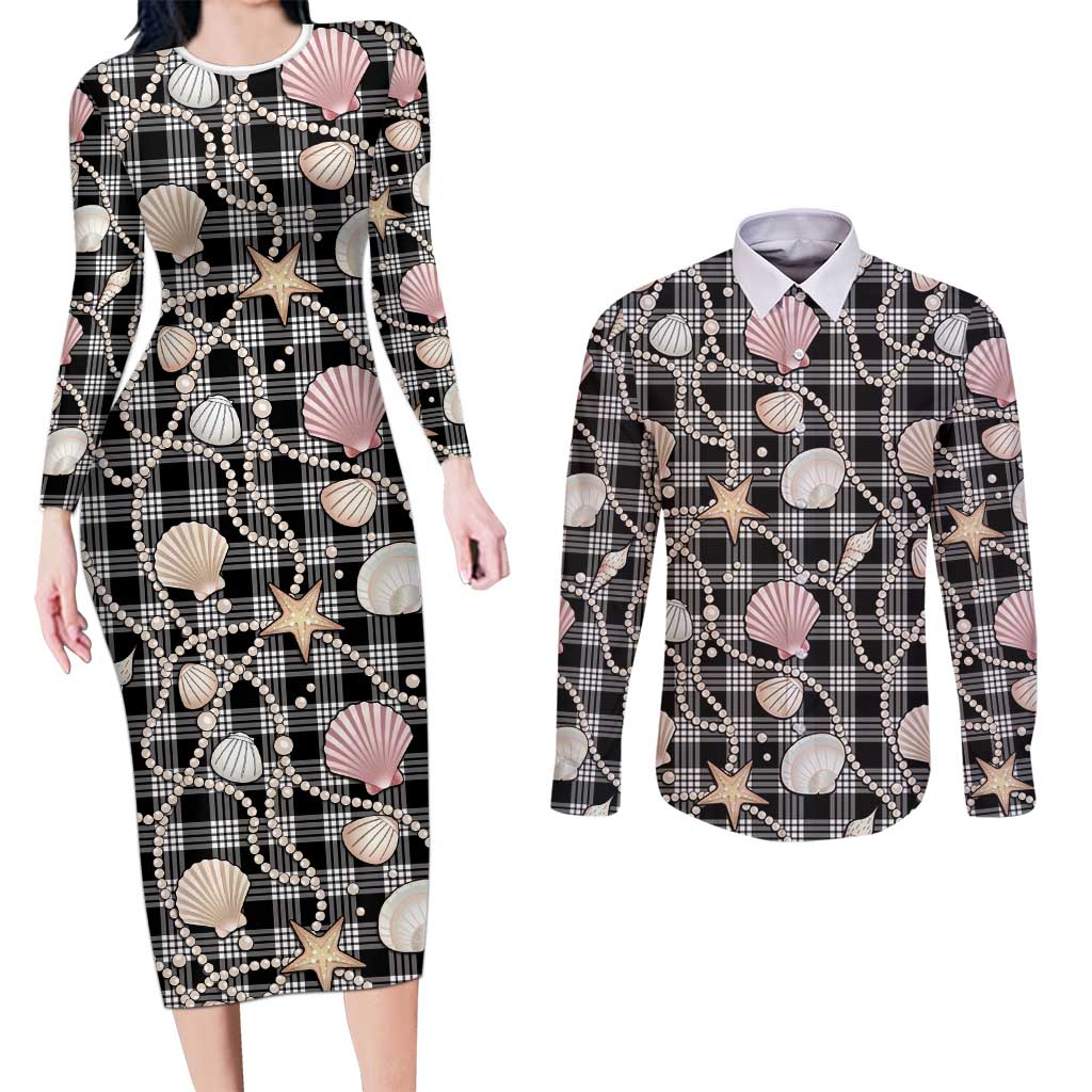 Hawaiian Ocean Seashells Couples Matching Long Sleeve Bodycon Dress and Long Sleeve Button Shirt Black Palaka Pattern LT01 Black - Polynesian Pride