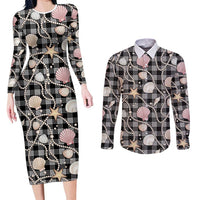 Hawaiian Ocean Seashells Couples Matching Long Sleeve Bodycon Dress and Long Sleeve Button Shirt Black Palaka Pattern LT01 Black - Polynesian Pride