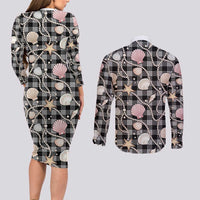Hawaiian Ocean Seashells Couples Matching Long Sleeve Bodycon Dress and Long Sleeve Button Shirt Black Palaka Pattern LT01 - Polynesian Pride