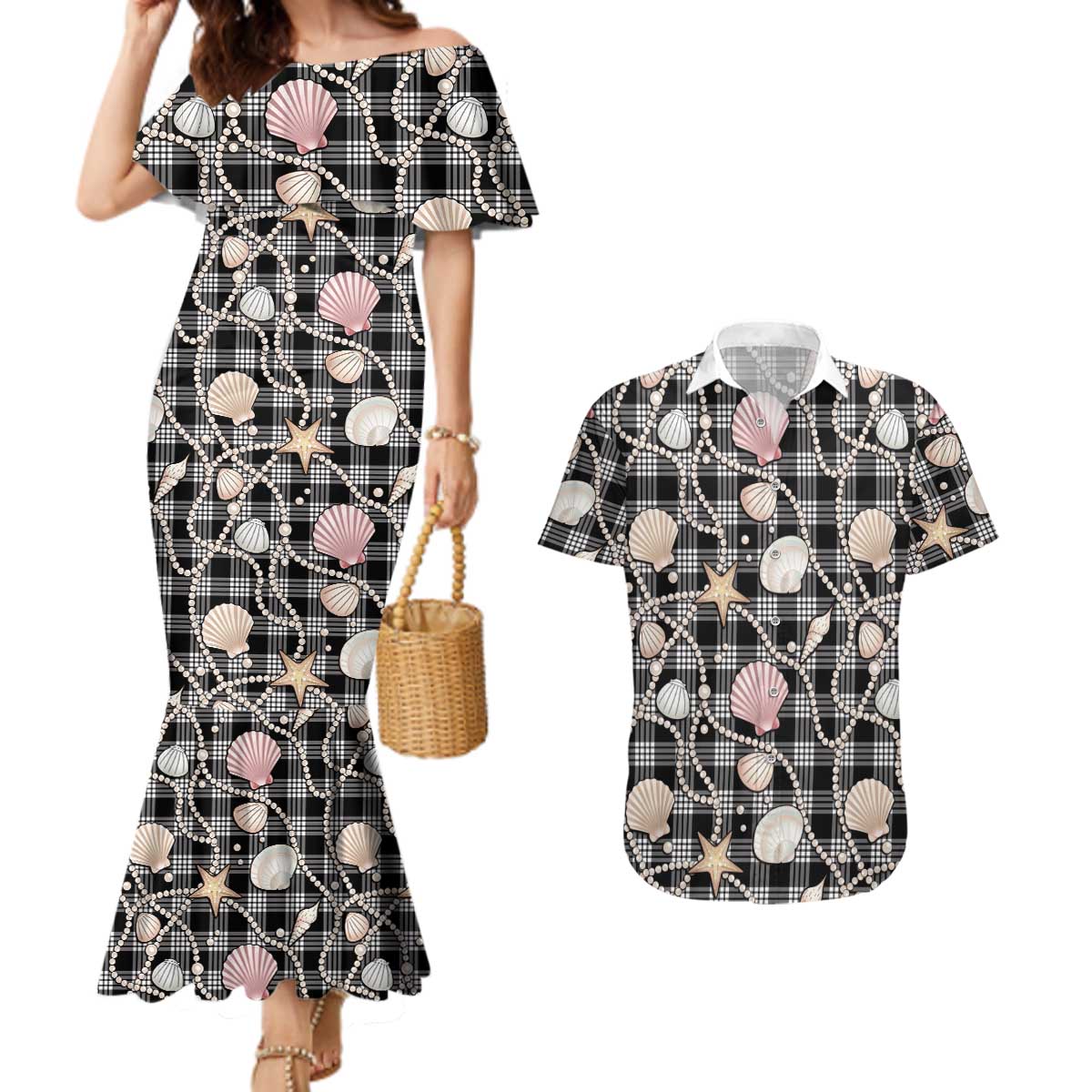 Hawaiian Ocean Seashells Couples Matching Mermaid Dress and Hawaiian Shirt Black Palaka Pattern