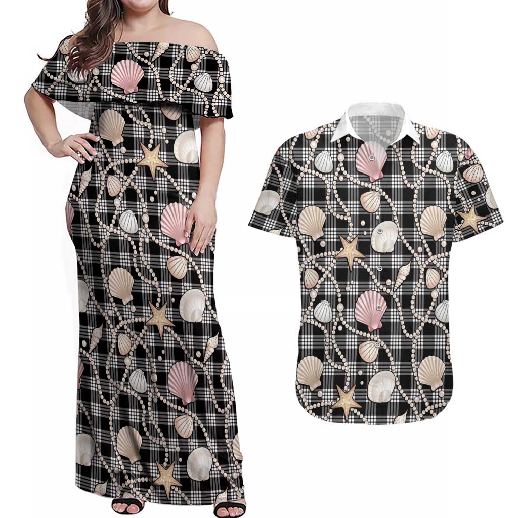 Hawaiian Ocean Seashells Couples Matching Off Shoulder Maxi Dress and Hawaiian Shirt Black Palaka Pattern LT01 Black - Polynesian Pride