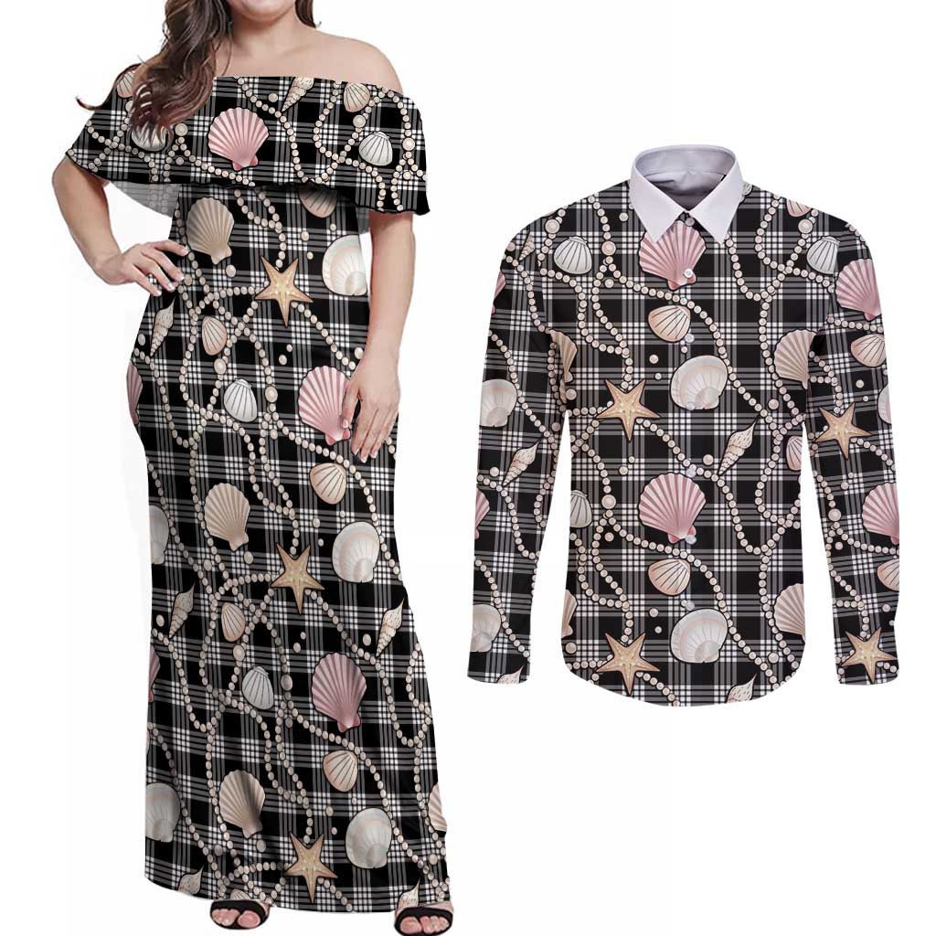 Hawaiian Ocean Seashells Couples Matching Off Shoulder Maxi Dress and Long Sleeve Button Shirt Black Palaka Pattern LT01 Black - Polynesian Pride