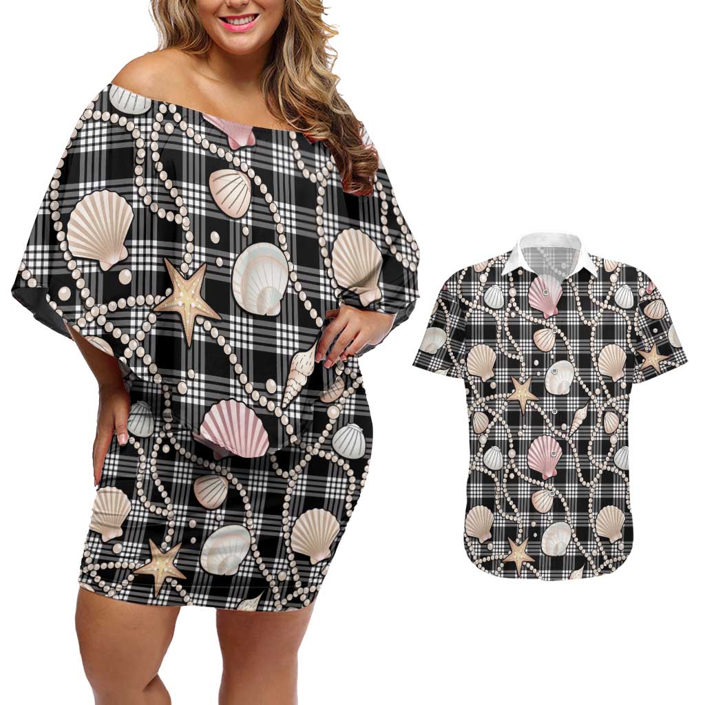 Hawaiian Ocean Seashells Couples Matching Off Shoulder Short Dress and Hawaiian Shirt Black Palaka Pattern LT01 Black - Polynesian Pride