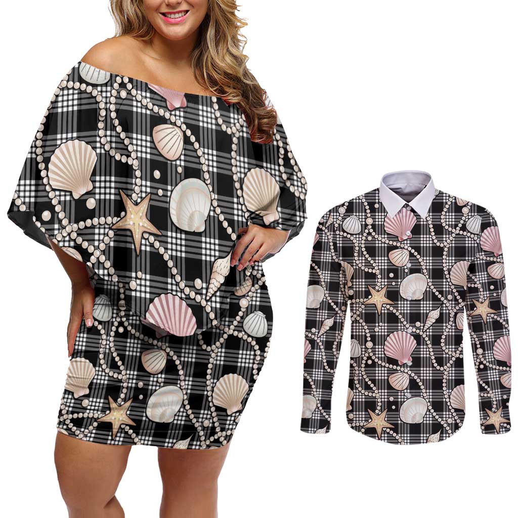 Hawaiian Ocean Seashells Couples Matching Off Shoulder Short Dress and Long Sleeve Button Shirt Black Palaka Pattern LT01 Black - Polynesian Pride