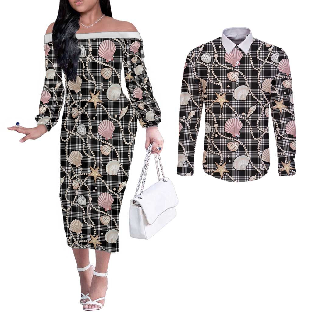 Hawaiian Ocean Seashells Couples Matching Off The Shoulder Long Sleeve Dress and Long Sleeve Button Shirt Black Palaka Pattern