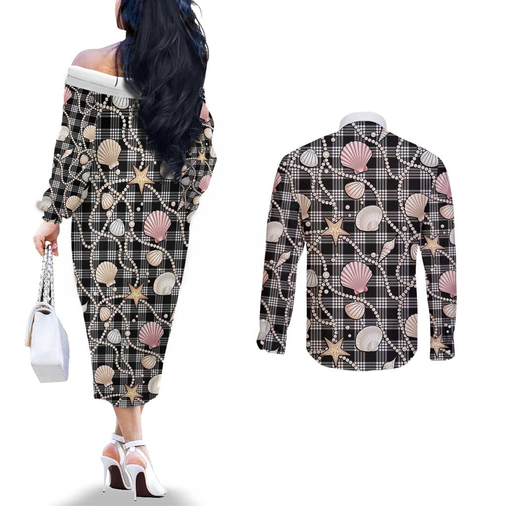 Hawaiian Ocean Seashells Couples Matching Off The Shoulder Long Sleeve Dress and Long Sleeve Button Shirt Black Palaka Pattern