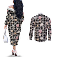 Hawaiian Ocean Seashells Couples Matching Off The Shoulder Long Sleeve Dress and Long Sleeve Button Shirt Black Palaka Pattern